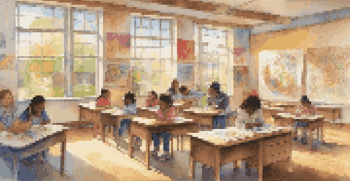 A bright and welcoming classroom where diverse children are happily engaged in art activities, surrounded by colorful artwork.