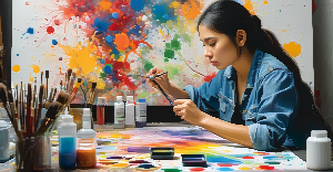 An artist painting on a large canvas, showing deep concentration and creativity.