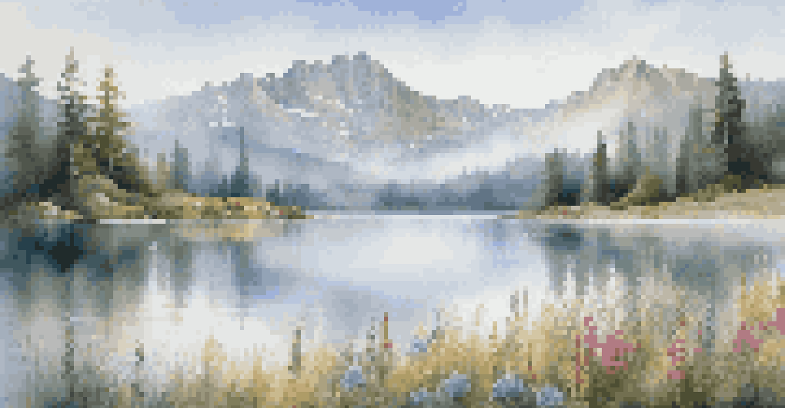 A peaceful photorealistic landscape of a lake surrounded by mountains, with reflections in the water and wildflowers in the foreground.