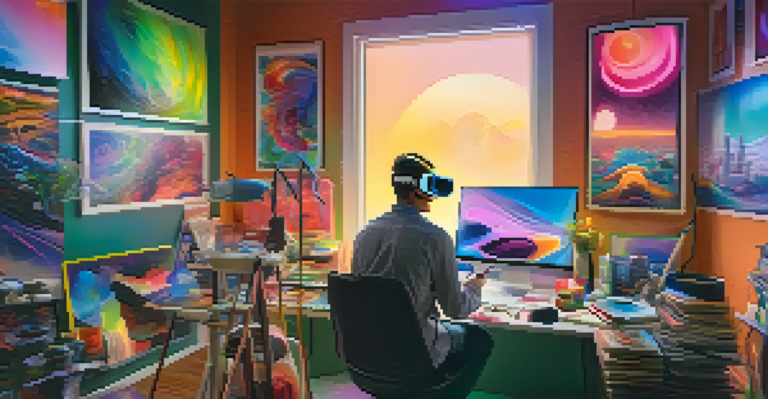 An artist in a VR workspace, painting in 3D with colorful virtual tools surrounded by traditional art supplies.