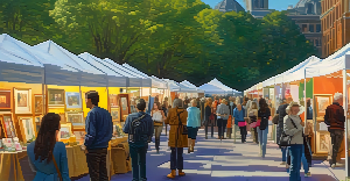 A lively art fair with people looking at colorful artworks and various booths showcasing different art styles.