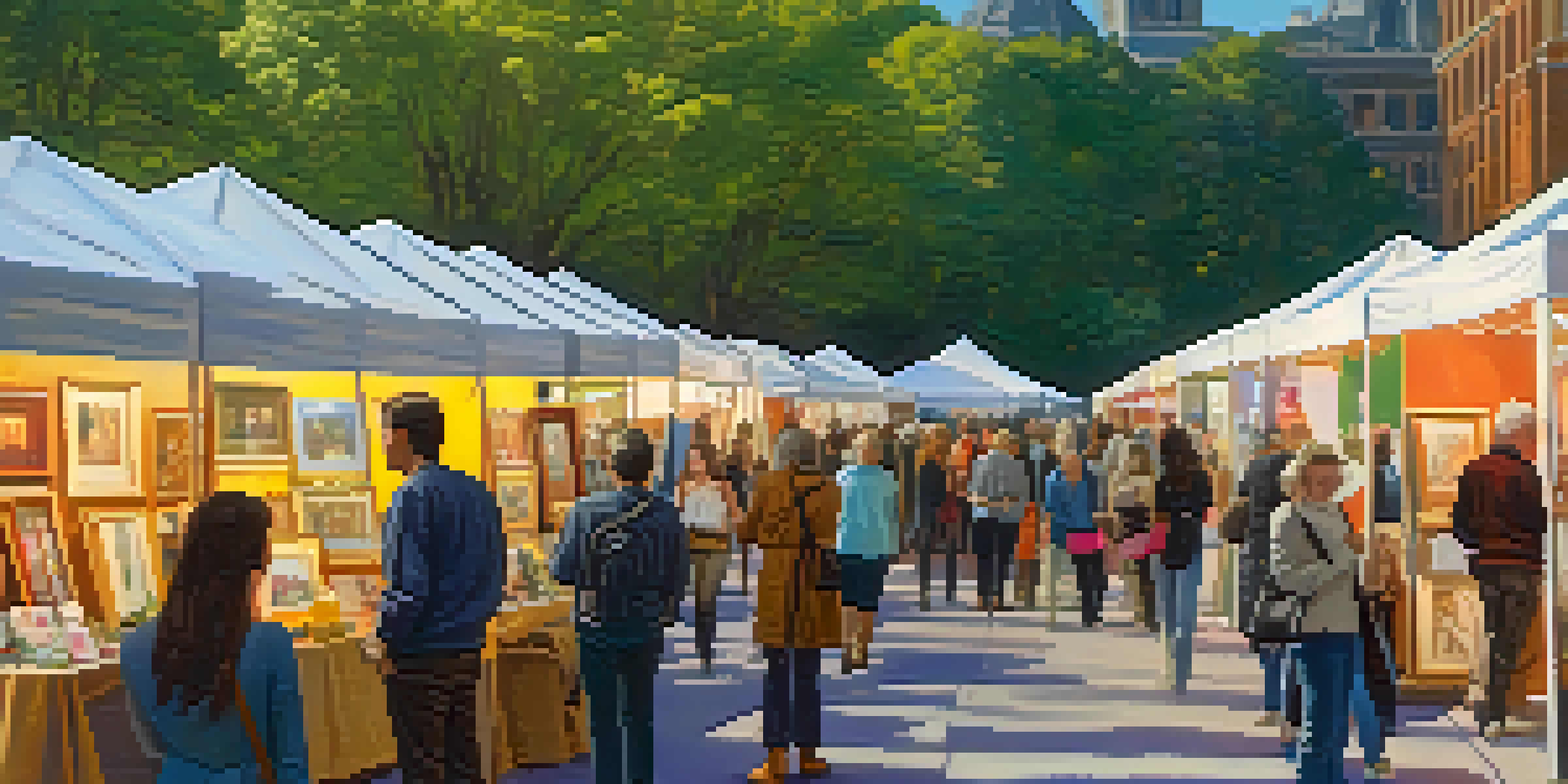 A lively art fair with people looking at colorful artworks and various booths showcasing different art styles.