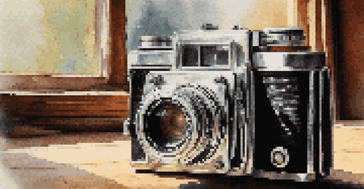 A vintage film camera on a wooden surface, illuminated by soft sunlight, alongside rolls of film.