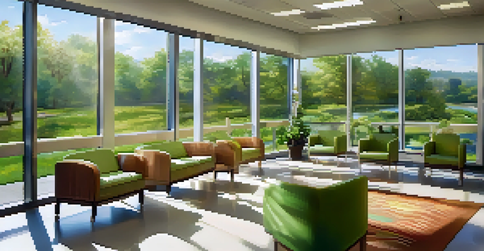 A hospital waiting room filled with nature-themed artwork, soft sunlight illuminating the area, and families conversing.