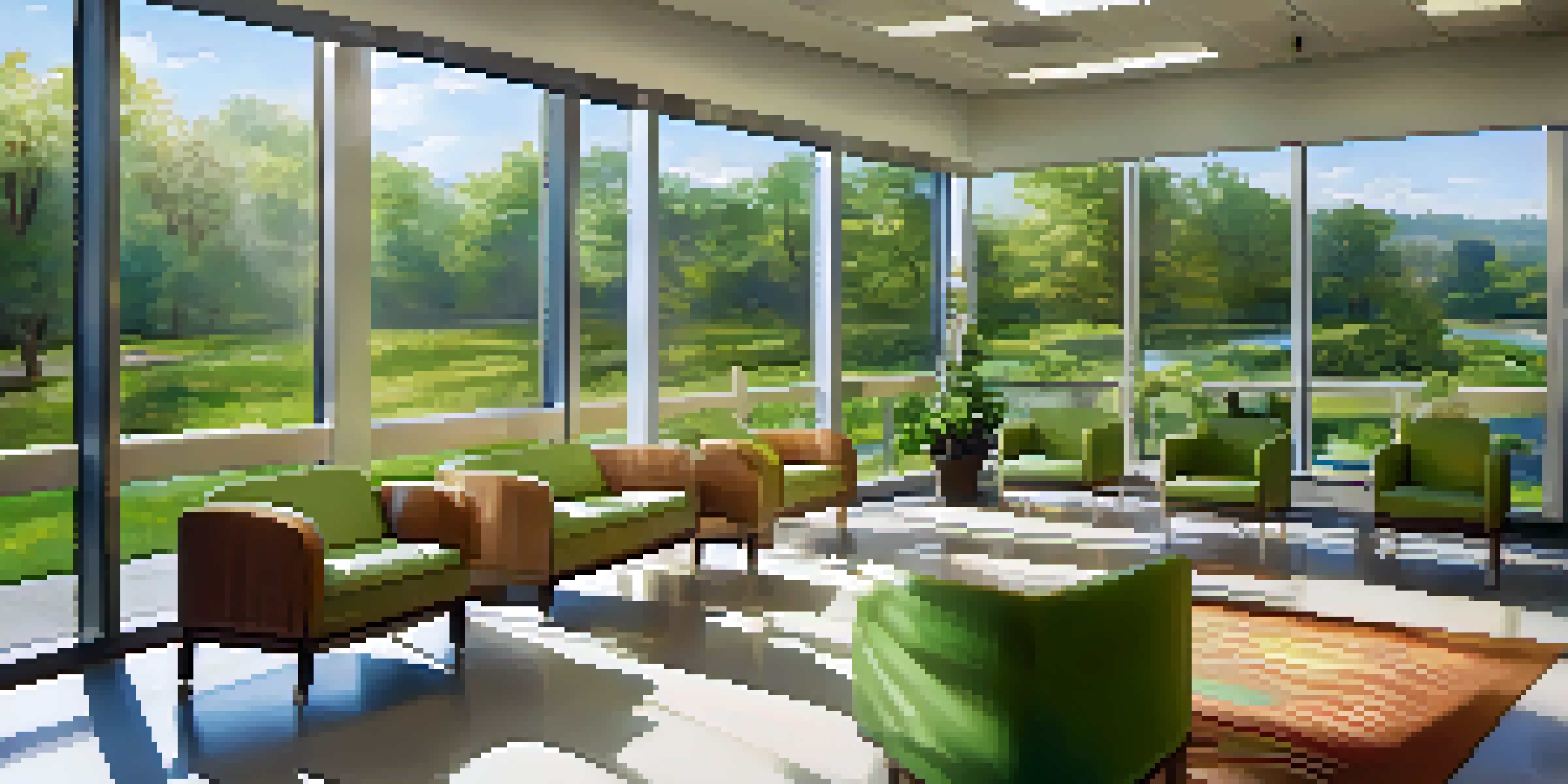 A hospital waiting room filled with nature-themed artwork, soft sunlight illuminating the area, and families conversing.