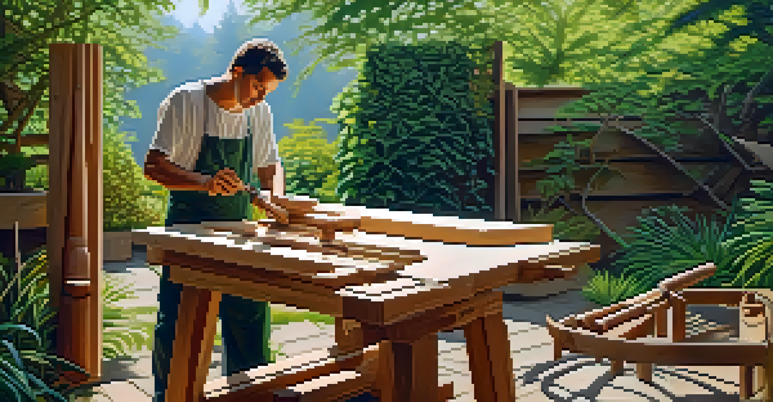 Outdoor scene of an artist carving a wooden sculpture using traditional methods in a sunny garden with lush greenery.