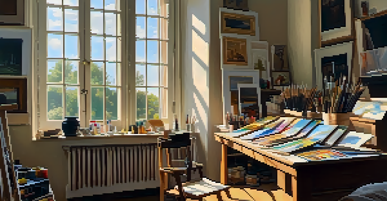 An artist's studio with various canvases and art supplies, including a partially finished replica of a famous painting, illuminated by sunlight.