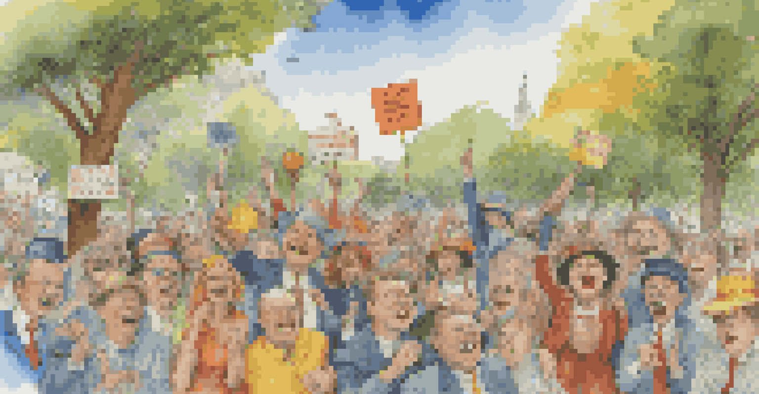 An illustration of a satirical activist performance with quirky-costumed performers and engaged audience in a park.