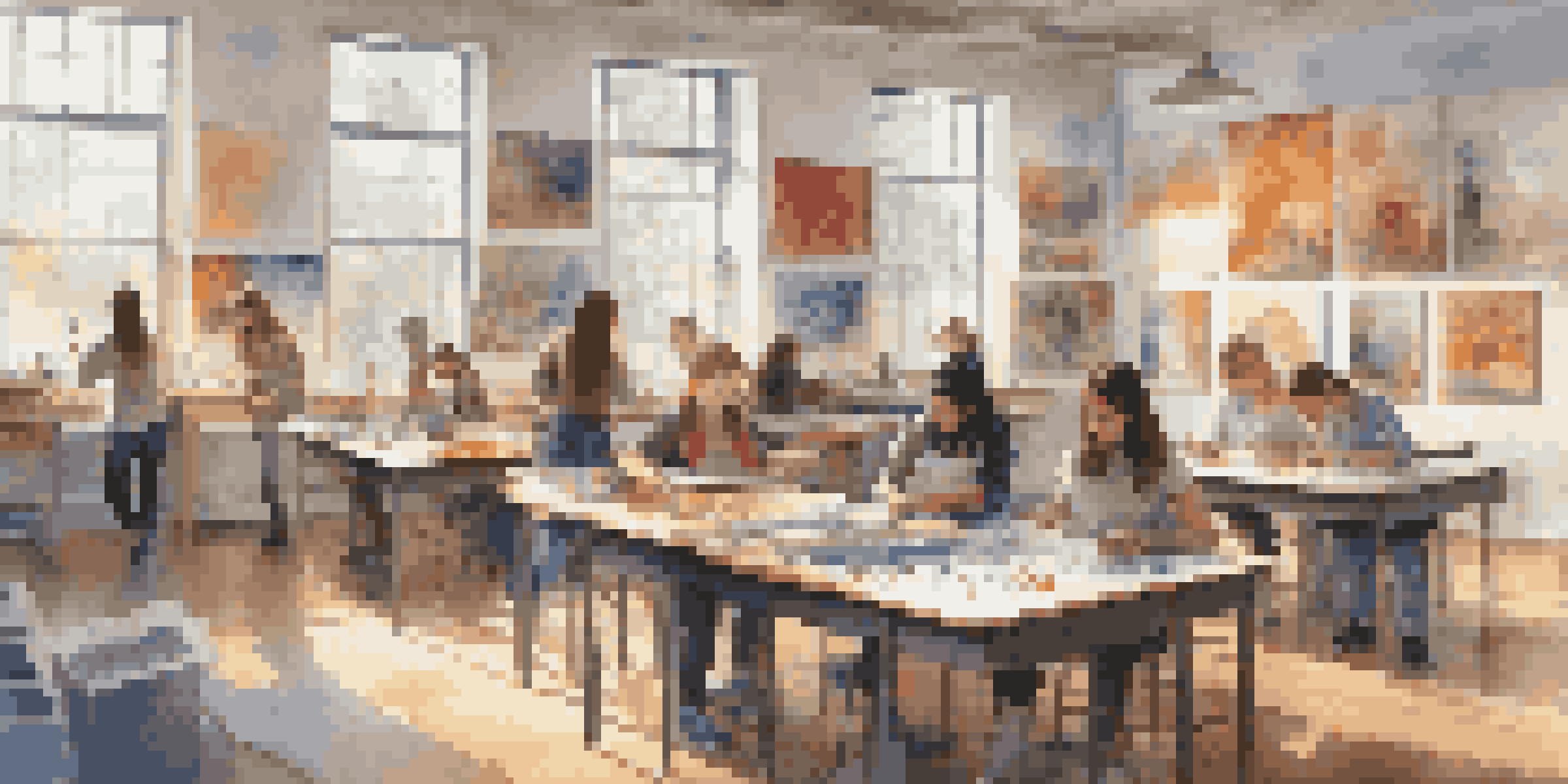 A lively art classroom with students painting and sculpting, surrounded by colorful artwork and natural light.
