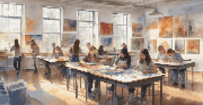 A lively art classroom with students painting and sculpting, surrounded by colorful artwork and natural light.
