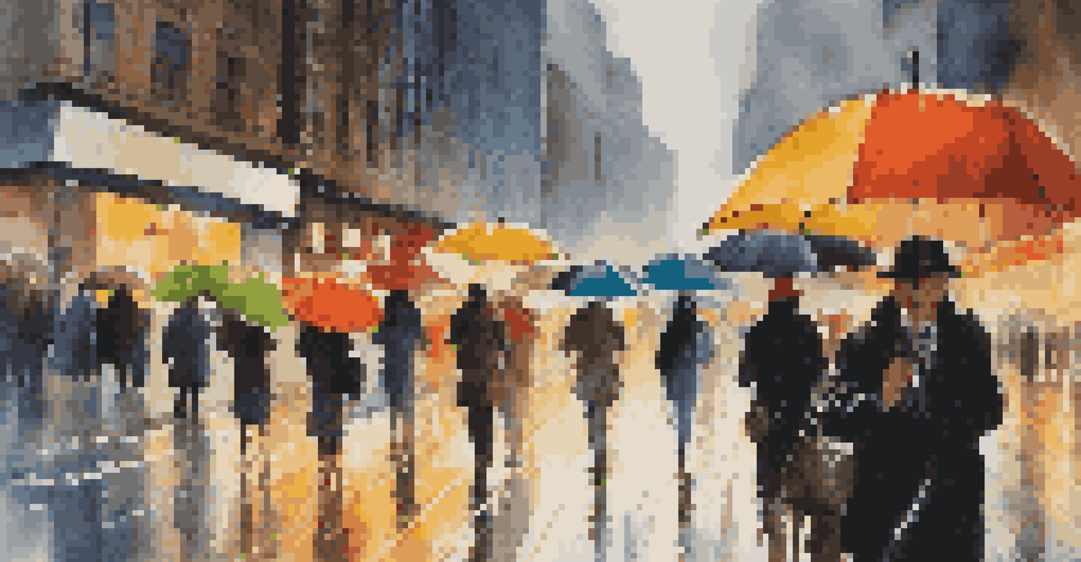 A busy city street in the rain with pedestrians and colorful umbrellas, reflecting light on wet pavement.