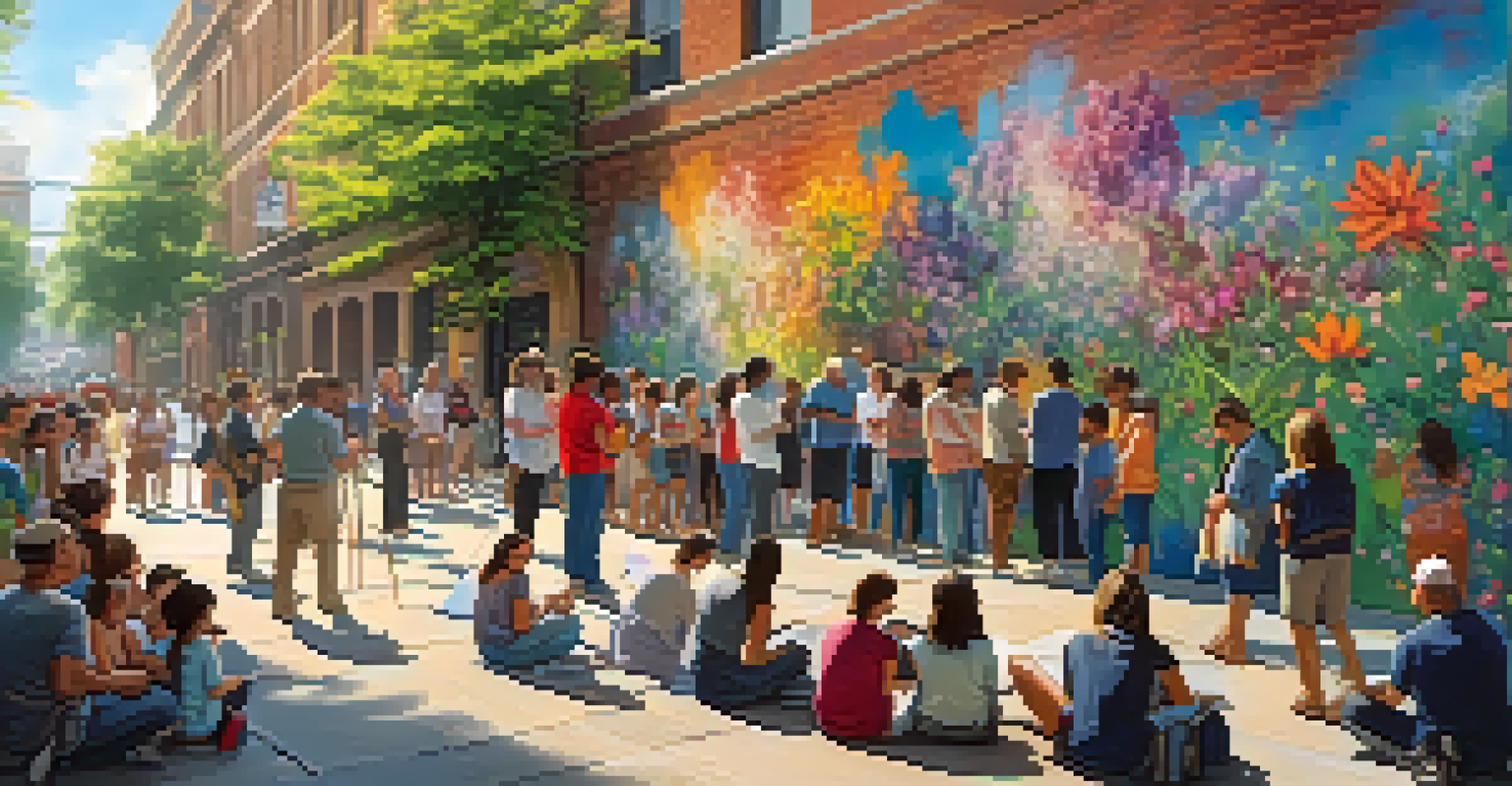 An artist painting a mural, surrounded by community members discussing the artwork in a sunny park setting.