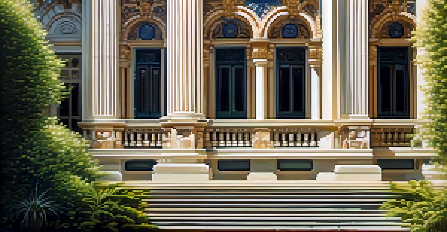 A detailed close-up of a historical building's ornate facade, showcasing intricate carvings and textures in soft light.