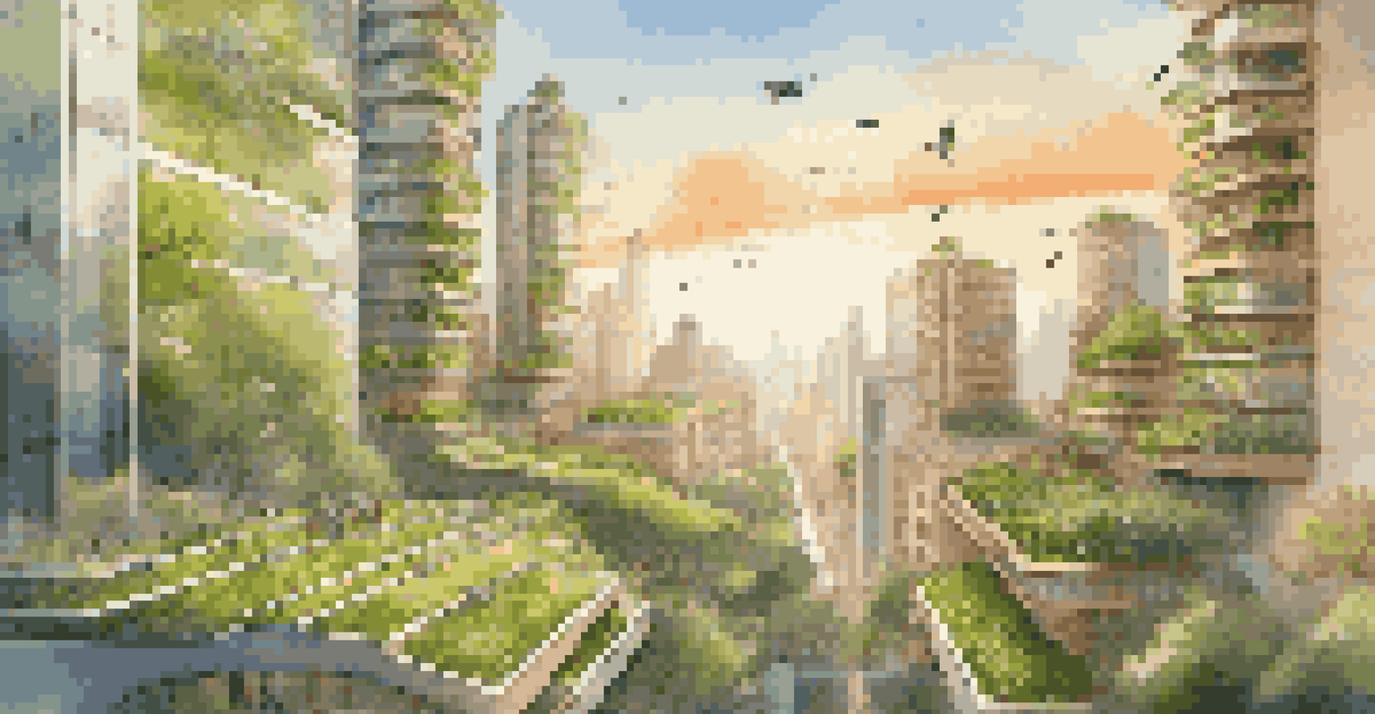 A digital artwork of a futuristic city with nature-integrated architecture, featuring green roofs and solar panels, under a warm sunset sky.