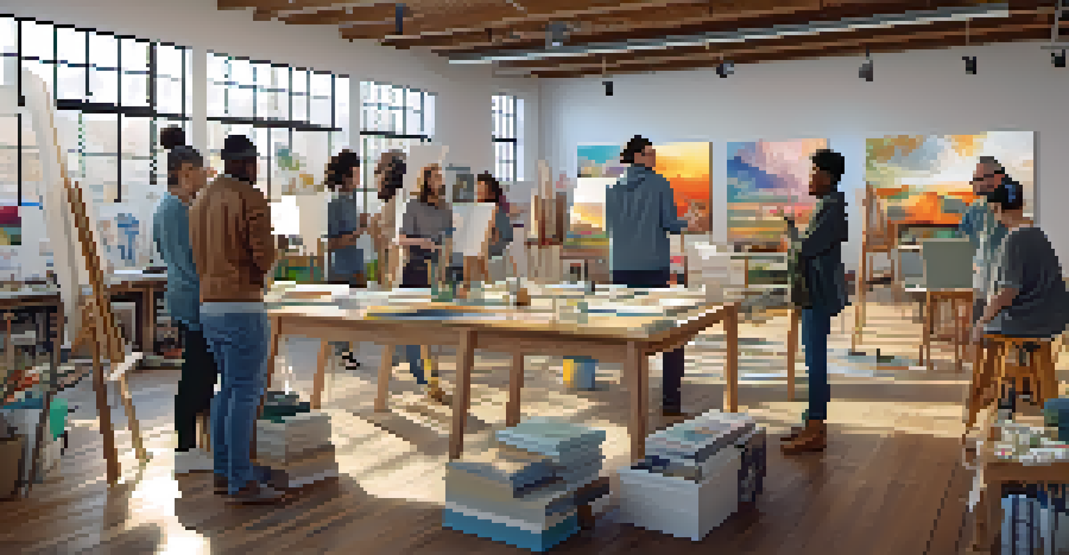 A diverse group of artists collaborating in a bright studio space, surrounded by canvases and digital tools, engaged in creative discussion.