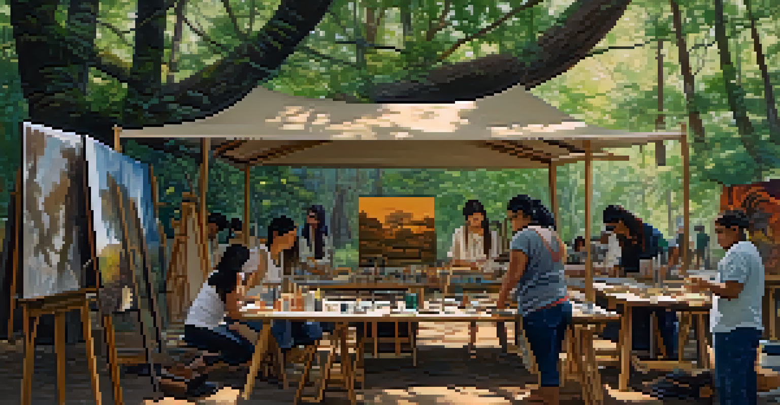 An Indigenous artist leading a workshop at an art festival, with attendees learning traditional art techniques under a canopy of trees.