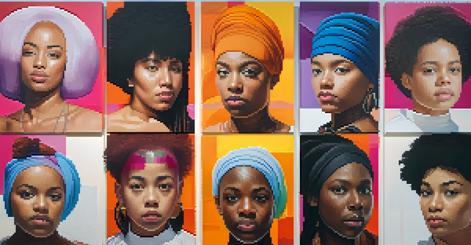 A contemporary art installation with colorful portraits representing diverse gender identities in a modern gallery.