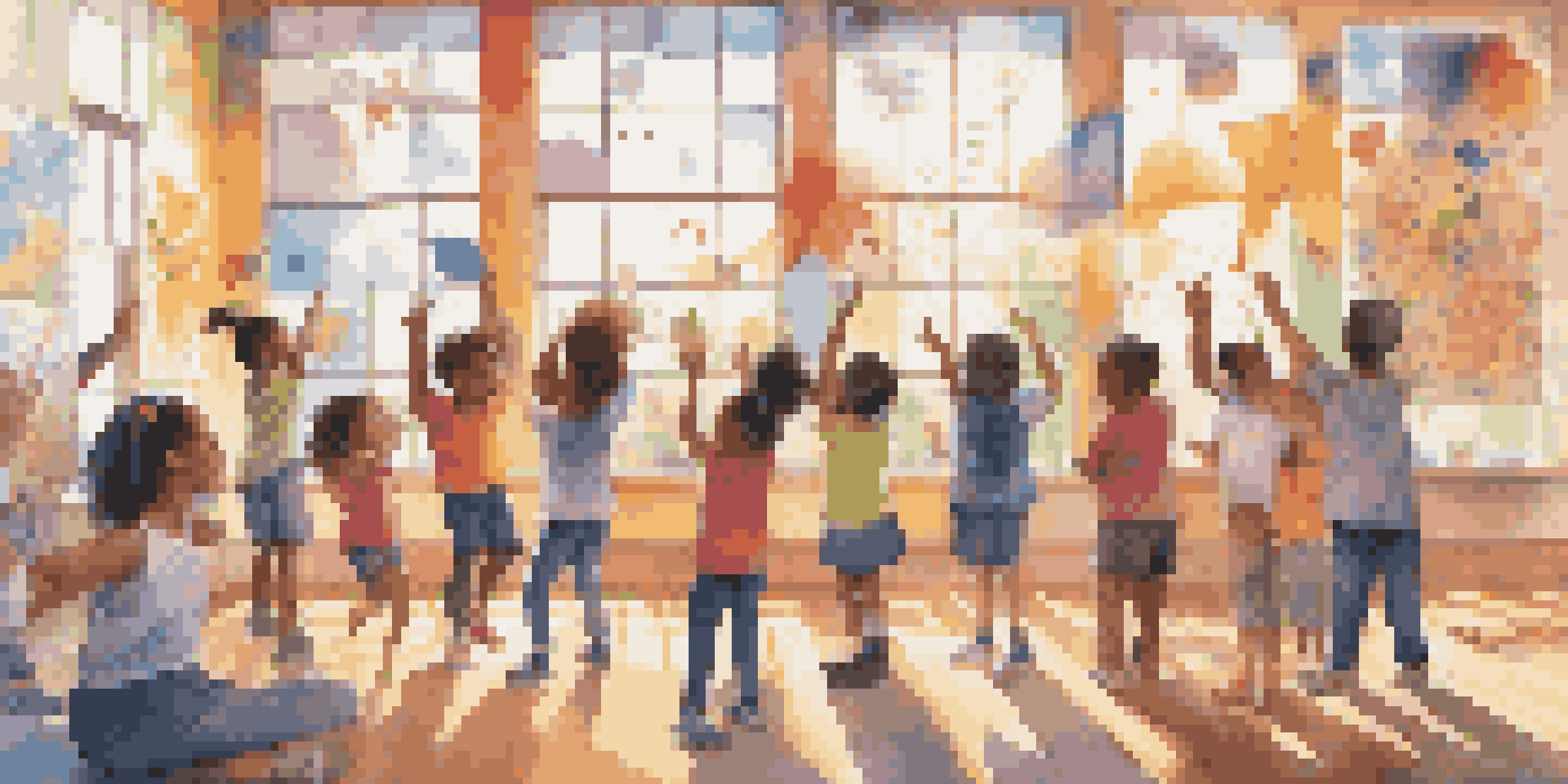 A diverse group of children working together on a colorful mural in a bright classroom, expressing joy and creativity.
