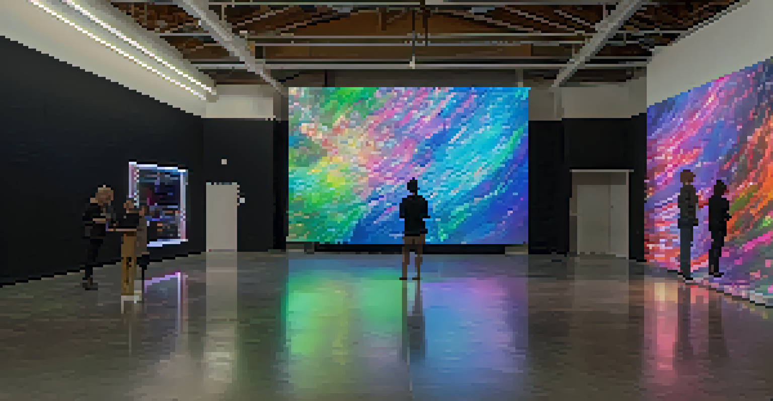 A colorful art installation that reacts to movements, featuring lights and digital projections, showcasing the synergy between art and technology.