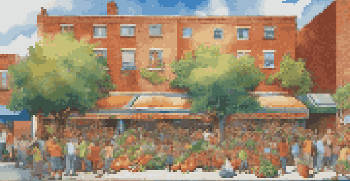 A colorful mural showing diverse people happily eating fruits and vegetables on a city wall.