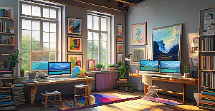 An inviting digital art studio with colorful supplies, posters of artworks, and natural light.