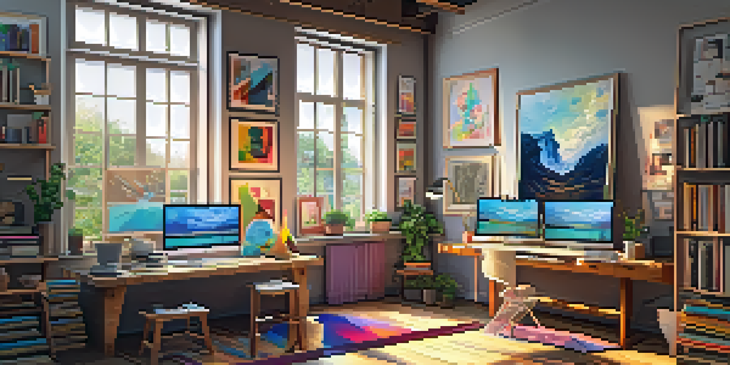An inviting digital art studio with colorful supplies, posters of artworks, and natural light.