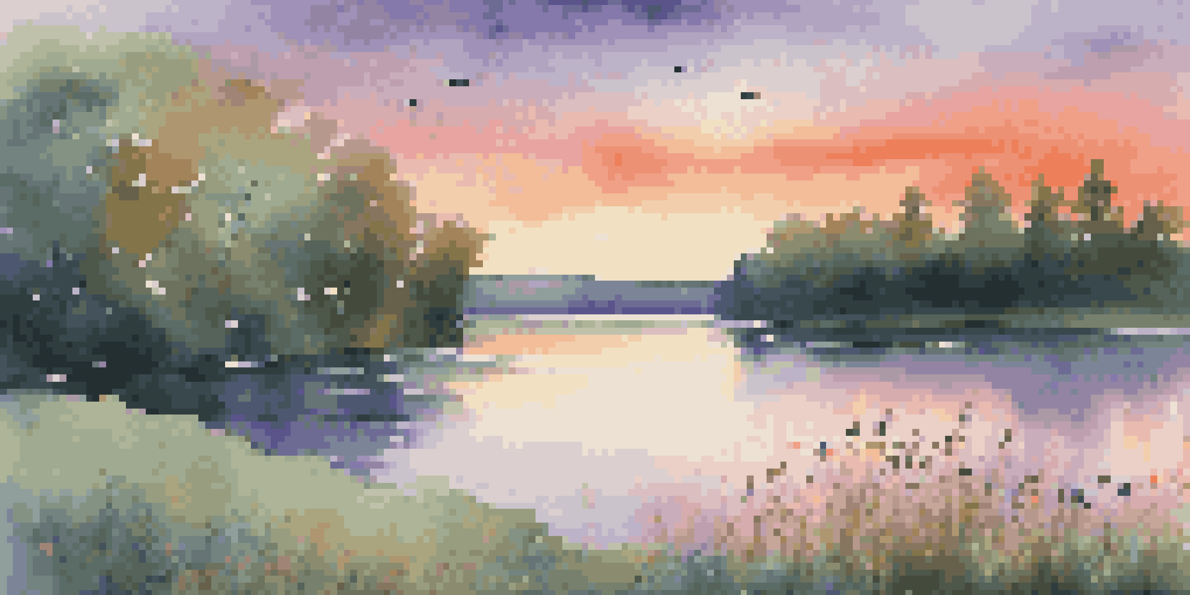 A peaceful lake at sunset with vibrant colors reflecting in the water, surrounded by trees and wildflowers, featuring a heron at the edge.