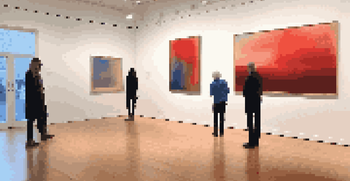 A peaceful art gallery featuring a large abstract painting, with visitors engaged in conversation and warm lighting highlighting the artwork.