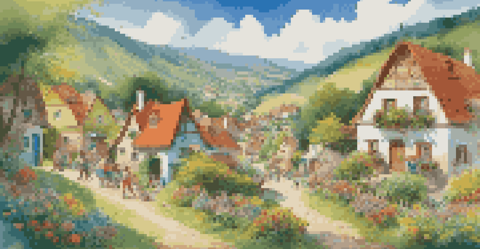 A bright cartoonish village scene with colorful houses and happy villagers engaged in activities under a clear sky.
