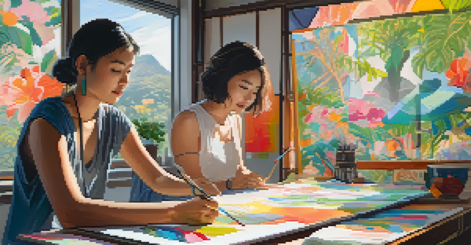 A digital artwork of an artist and designer collaborating in a bright studio, showcasing Brazilian and Japanese cultural elements.