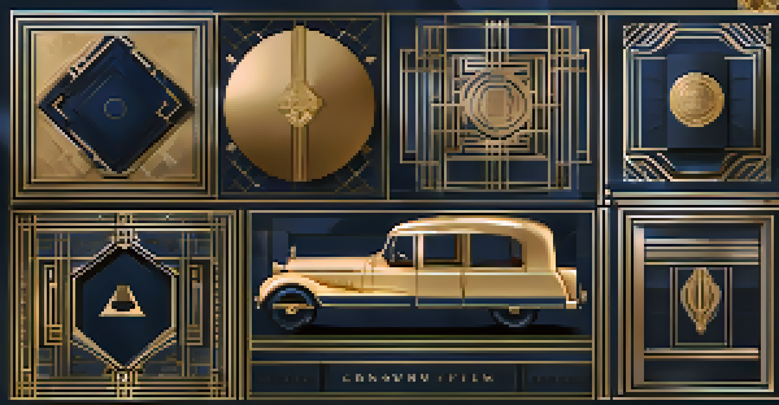 A branding design concept board with Art Deco elements, featuring geometric patterns and vintage typography.