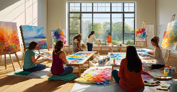 A bright and inviting art therapy room where participants are joyfully painting on canvases, surrounded by colorful art supplies.