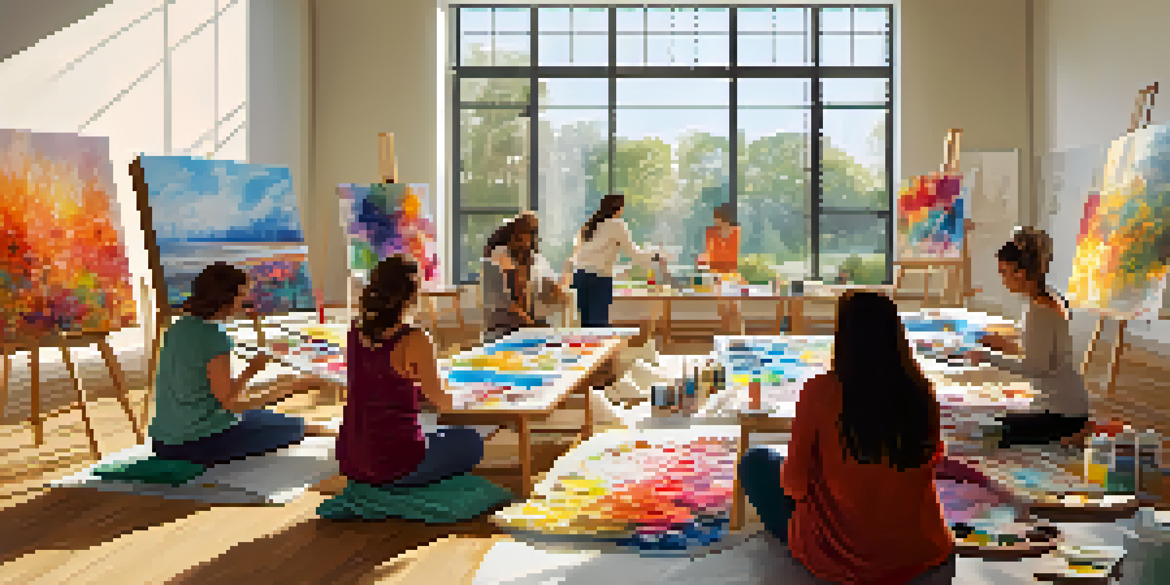 A bright and inviting art therapy room where participants are joyfully painting on canvases, surrounded by colorful art supplies.