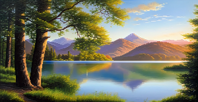 A calm lake reflecting the colors of a sunrise, surrounded by green trees and mountains.