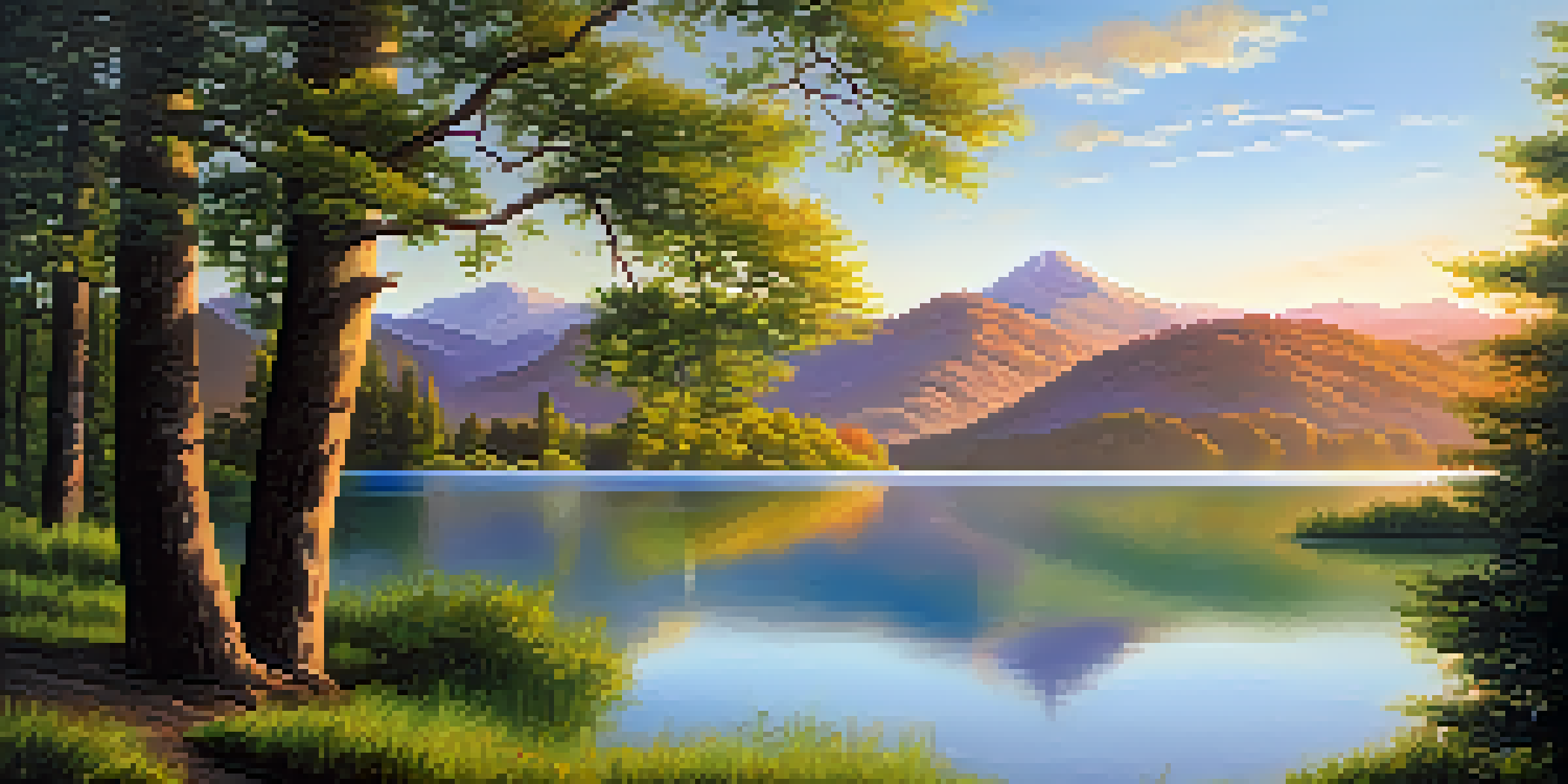 A calm lake reflecting the colors of a sunrise, surrounded by green trees and mountains.