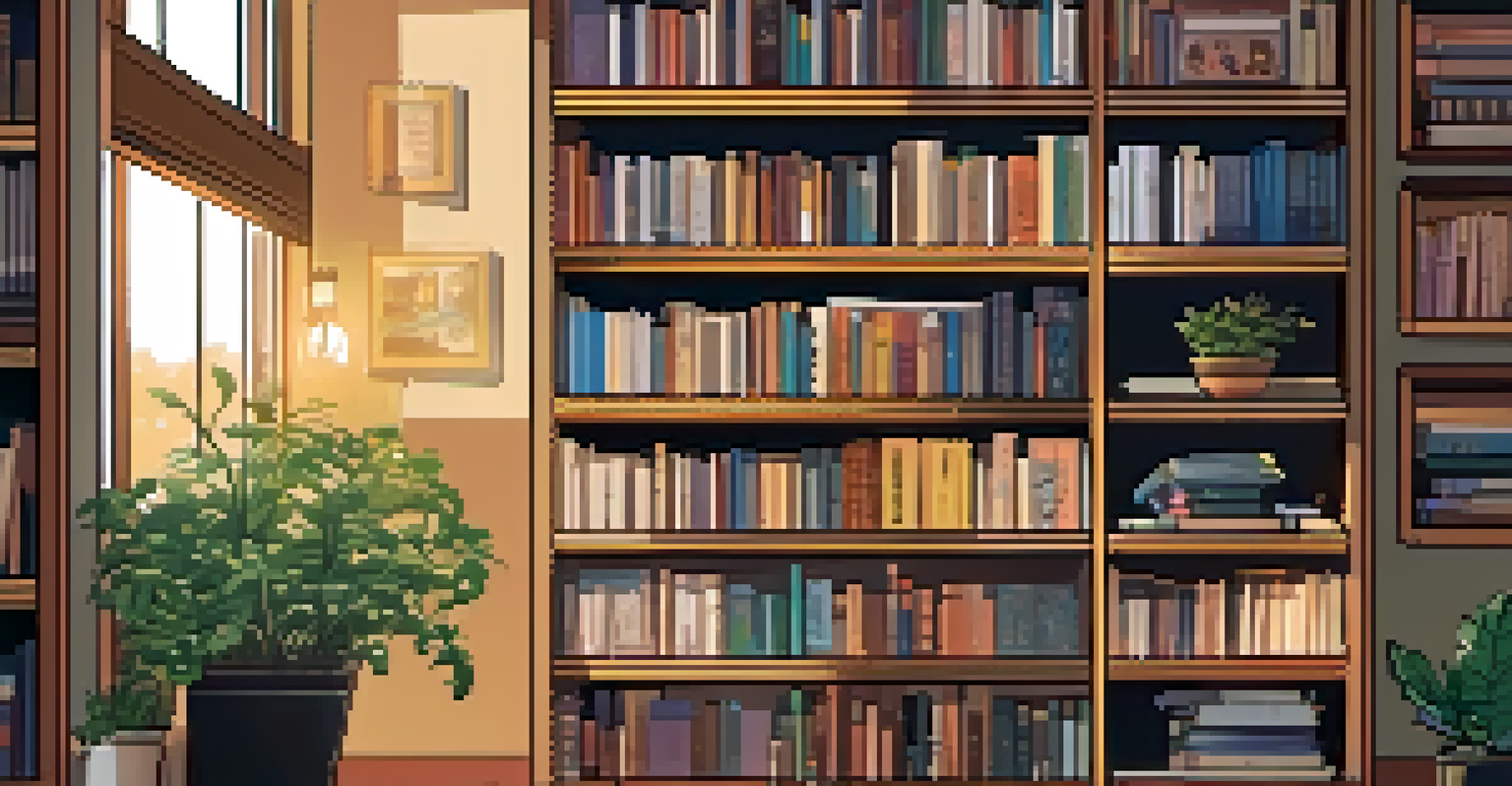 A cozy library shelf filled with graphic novels of different genres, surrounded by plants and warm lighting.