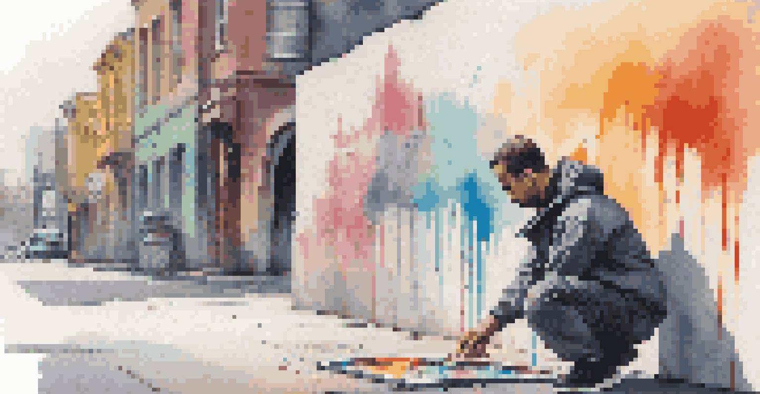 A minimalist street artist in casual clothing painting a few bright strokes on a blank wall, with colorful graffiti surrounding them in a vibrant urban setting.