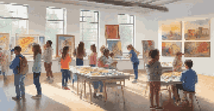 A lively community art exhibition with diverse attendees discussing various colorful artworks. Children are engaged in a workshop with an artist, surrounded by art materials.
