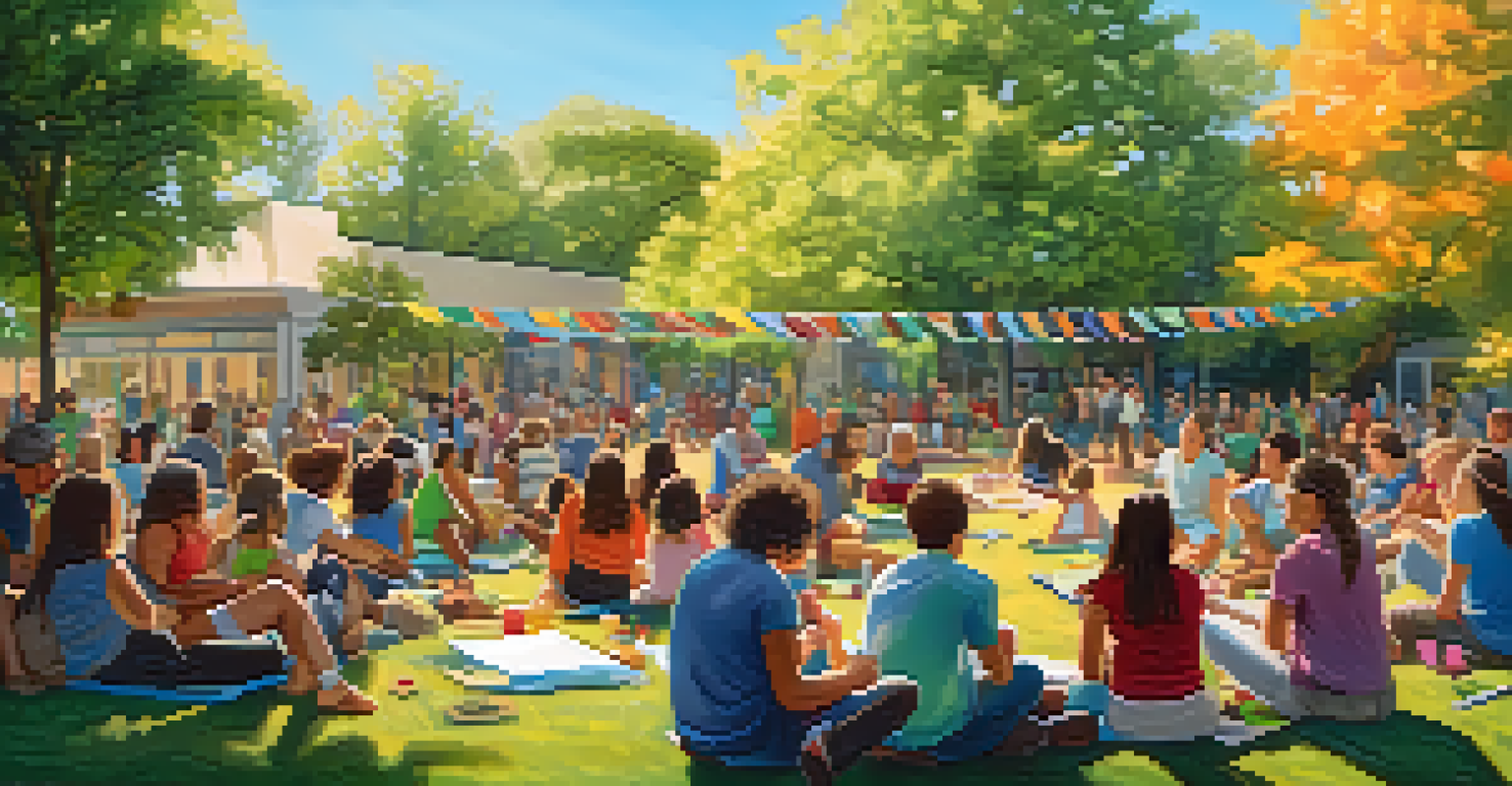 A community gathering in a park, with diverse individuals collaborating on a large canvas art project.