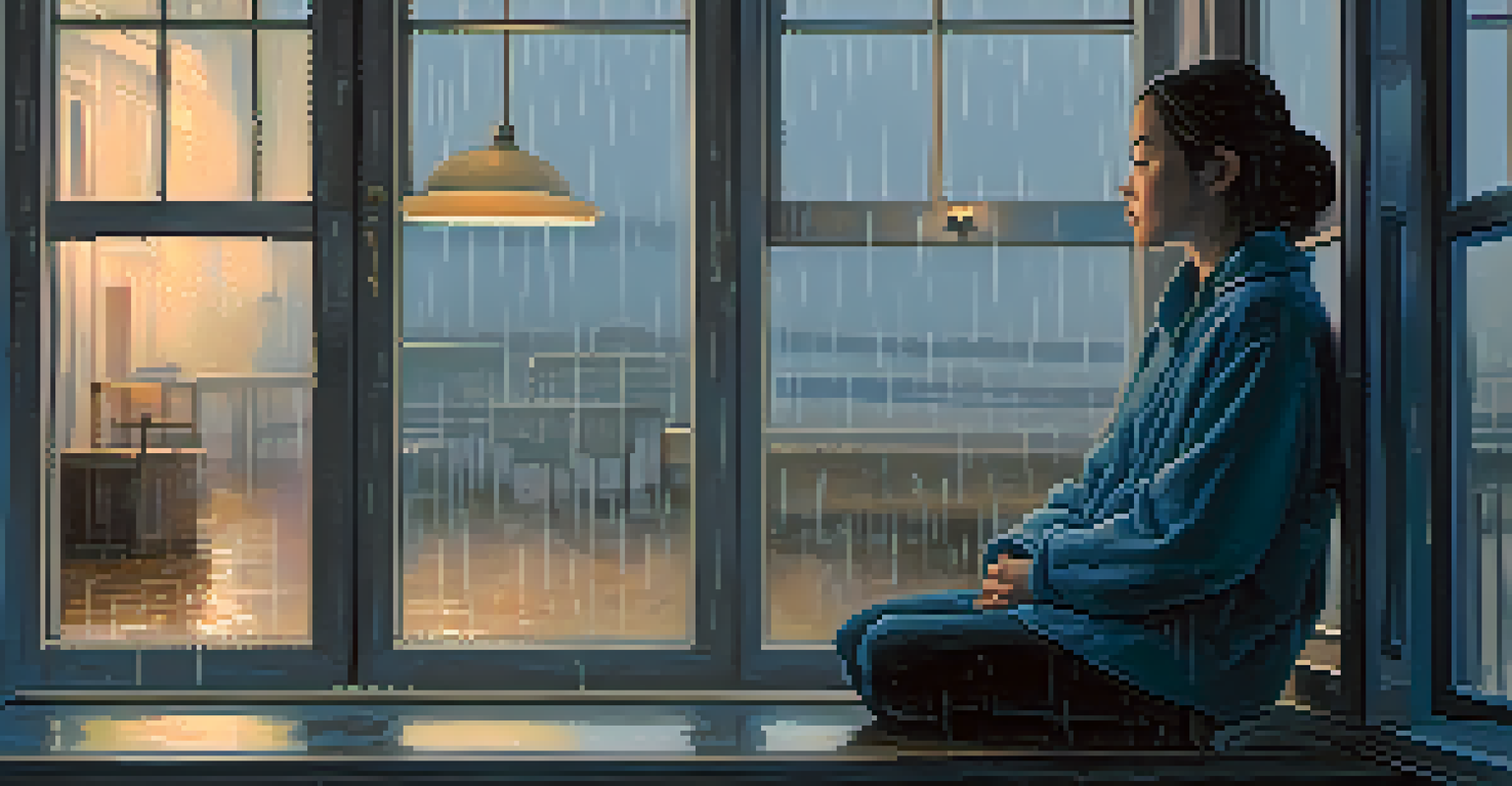 A digital artwork of a solitary person sitting by a rainy window, reflecting feelings of isolation. The colors are soft and muted, with warm light highlighting the figure.