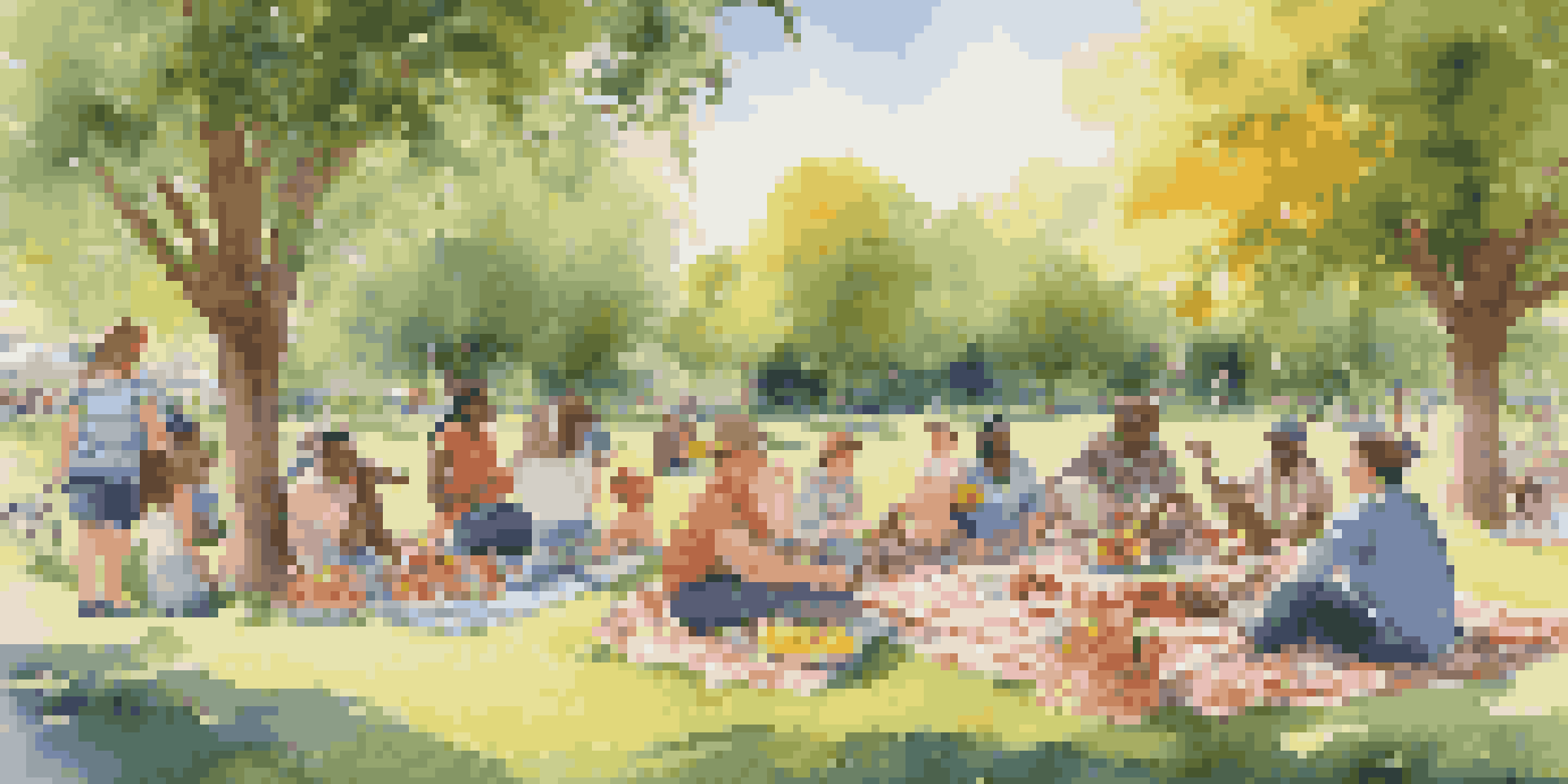 A diverse group of people enjoying a picnic in a sunny park with a colorful picnic blanket and children playing in the background.