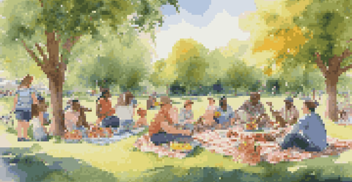 A diverse group of people enjoying a picnic in a sunny park with a colorful picnic blanket and children playing in the background.