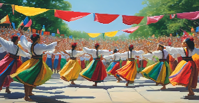 A lively outdoor performance art scene with diverse dancers in colorful costumes and an engaged audience clapping.