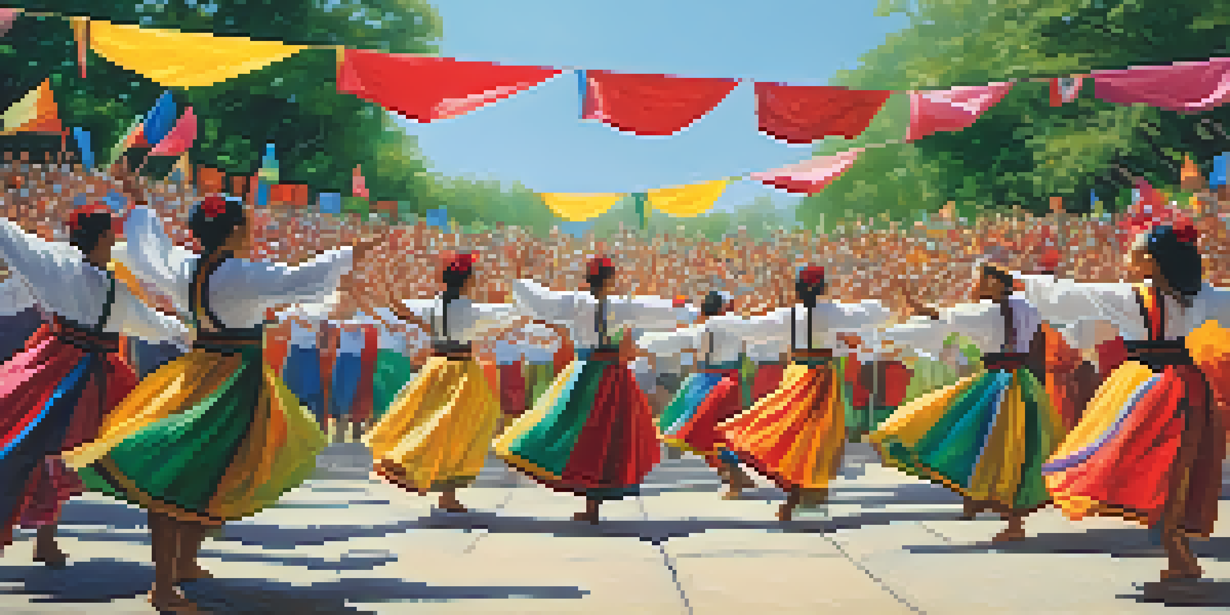 A lively outdoor performance art scene with diverse dancers in colorful costumes and an engaged audience clapping.