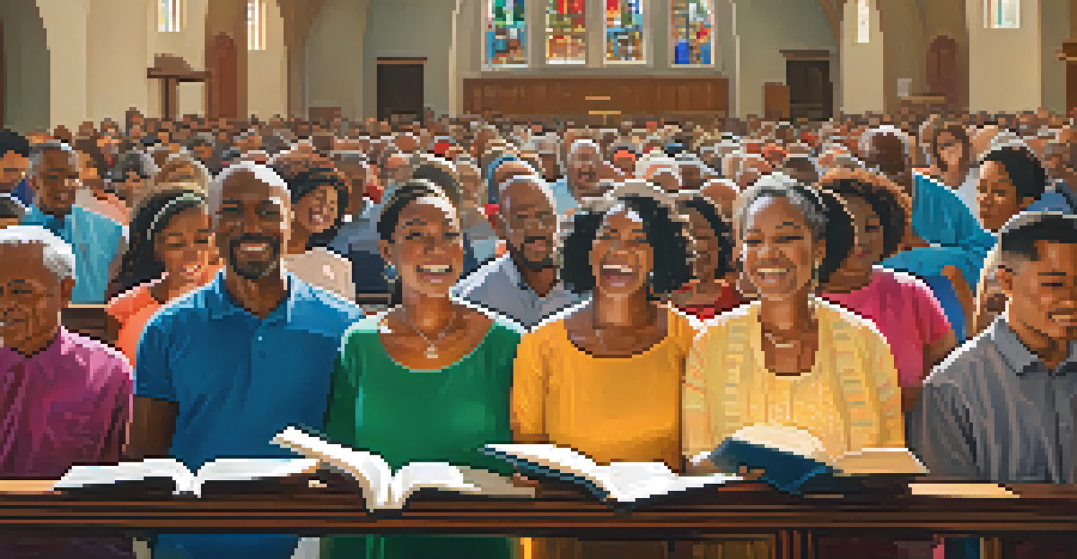 A diverse group of people singing hymns in a church, surrounded by warm lighting and colorful banners.
