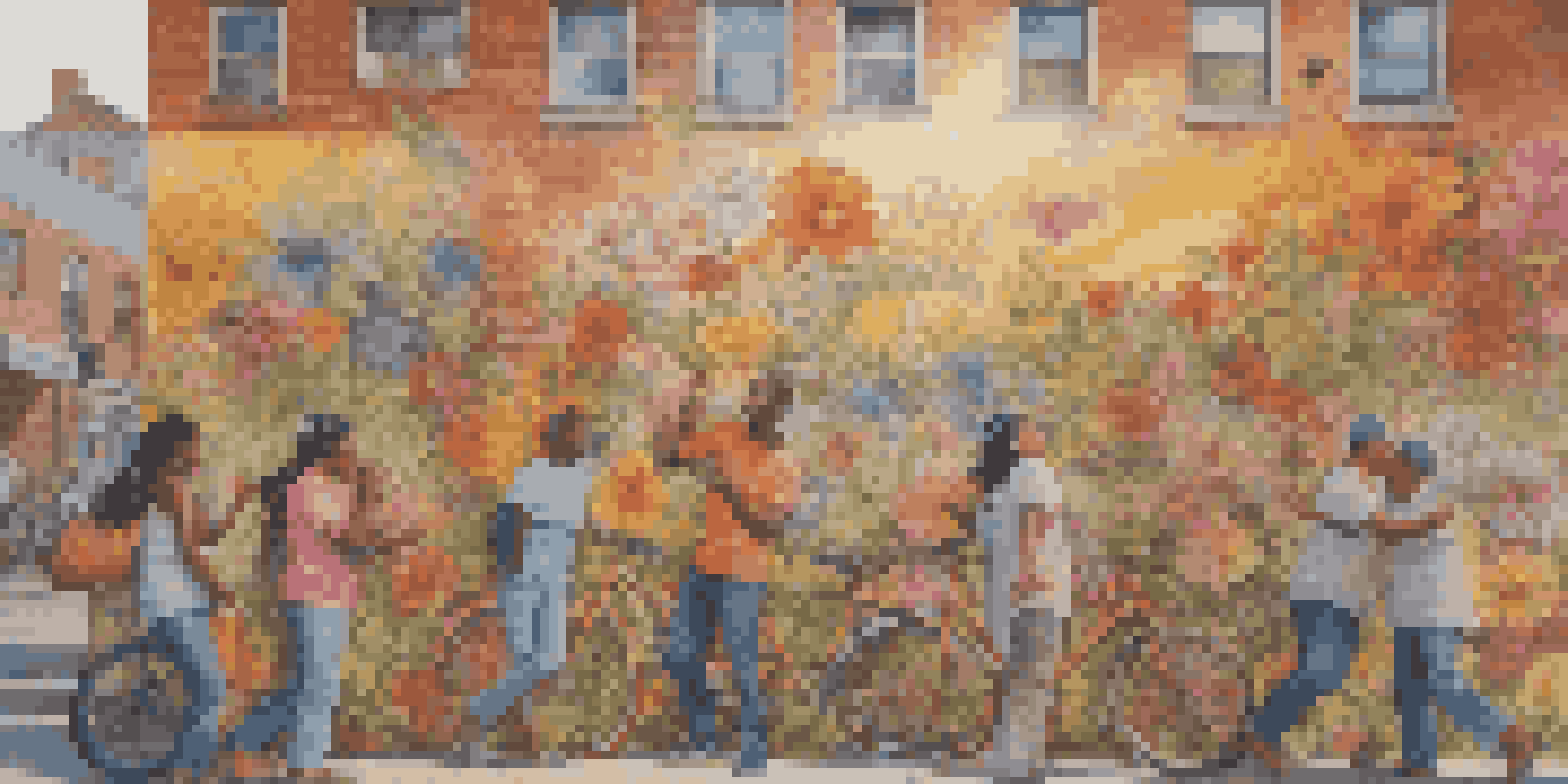 A colorful street mural featuring diverse people in conversation, with flowers and abstract designs on a brick wall.