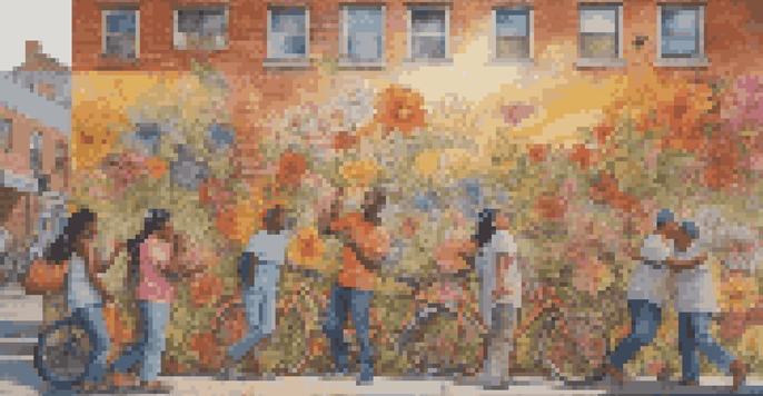 A colorful street mural featuring diverse people in conversation, with flowers and abstract designs on a brick wall.