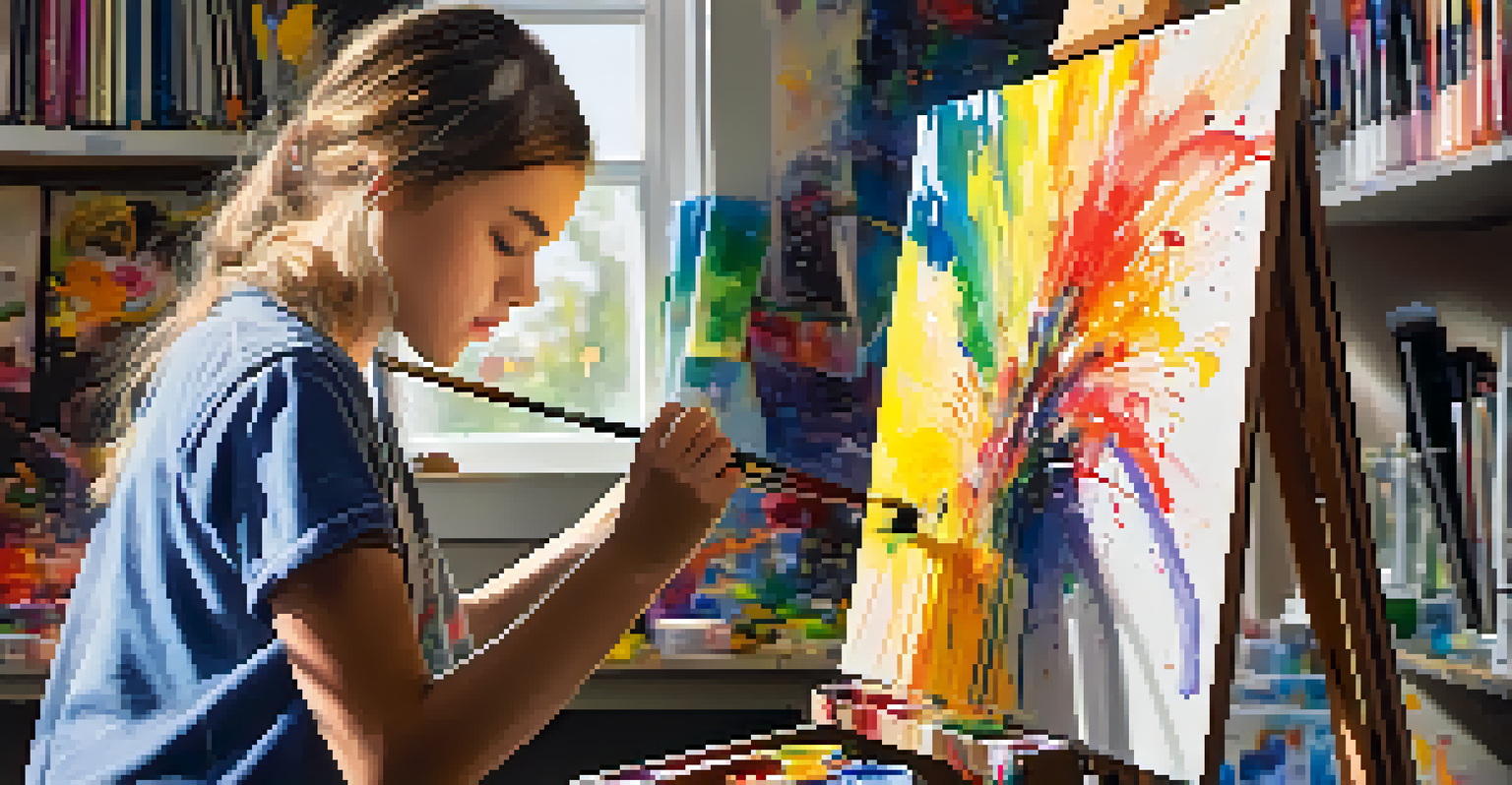 A focused student painting at an easel surrounded by vibrant colors and art supplies, illuminated by natural sunlight.