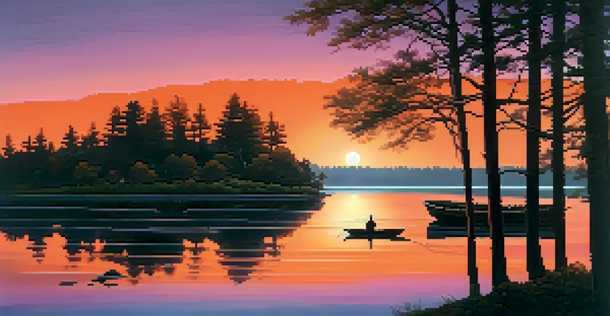 A sunset over a calm lake with colorful reflections and a silhouette of trees and a boat.