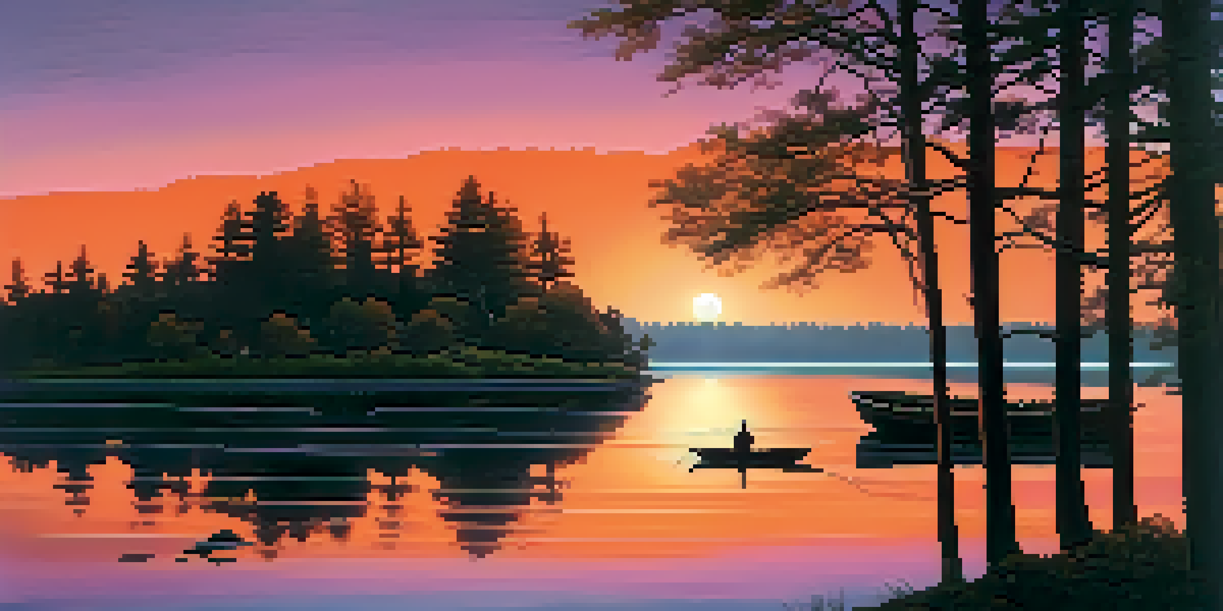 A sunset over a calm lake with colorful reflections and a silhouette of trees and a boat.